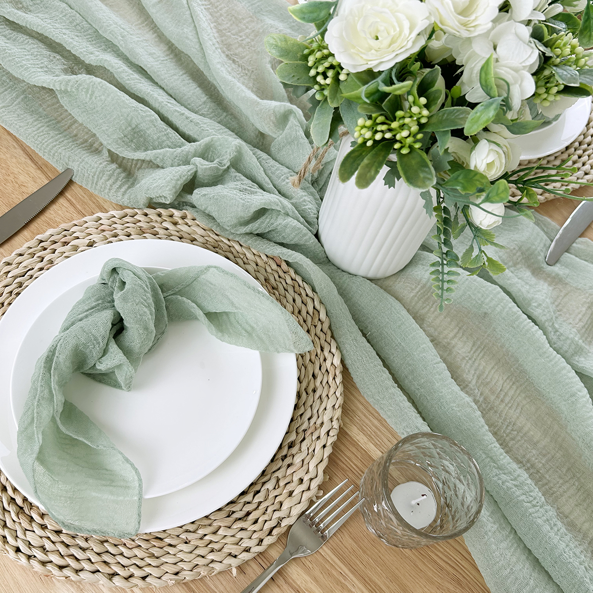 Sage Green Gauze Table Runner  - Christmas Table Runner บทวิจารณ์และราคา